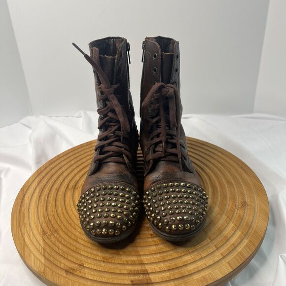 Steve Madden Leather Brown Gold Spike Studded Tarnney Combat Boots Size 7 M - Picture 2 of 10